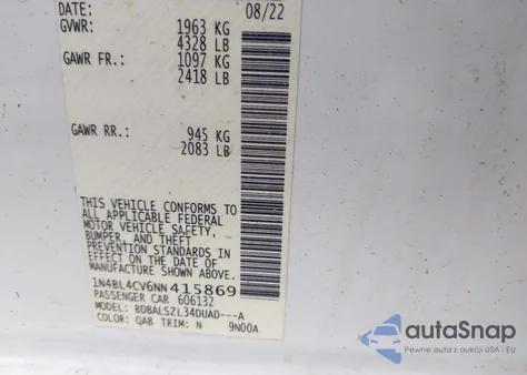 2022 Nissan Altima Sr Fwd z USA, uszkodzony, nr VIN 1N4BL4CV6NN415869